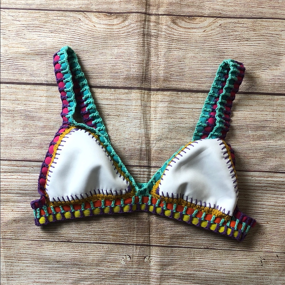 Crochet-Trim White Triangle Bikini Top with Multicolor Accents